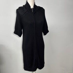 Coldwater Creek Black Open Knit Sweater Cardigan Dress Zipper Front Short Sleeve